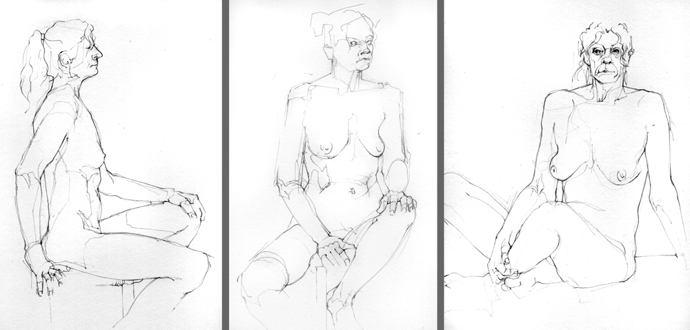 Tuesday September 21st (2021) Three drawings from today's life drawing session width=