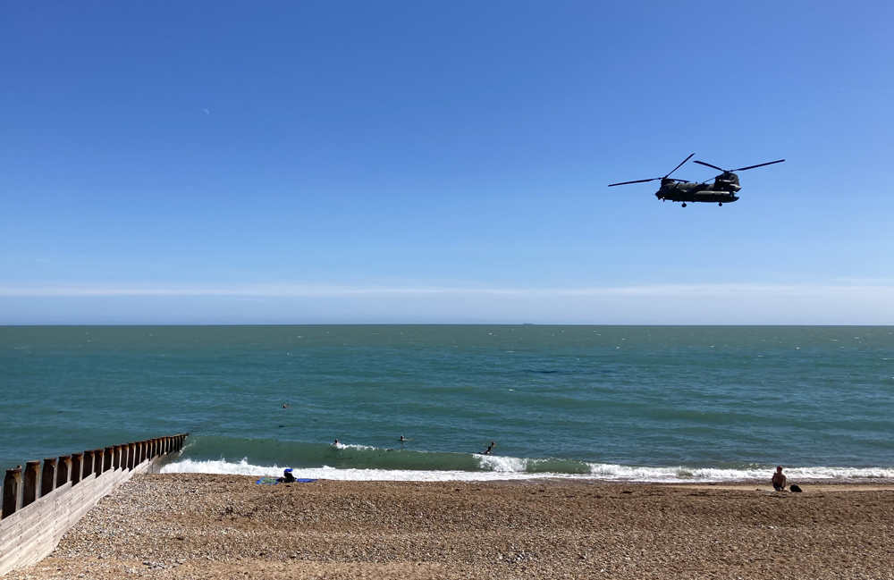 Thursday August 4th (2022) Low flying Chinook at the beach today. width=