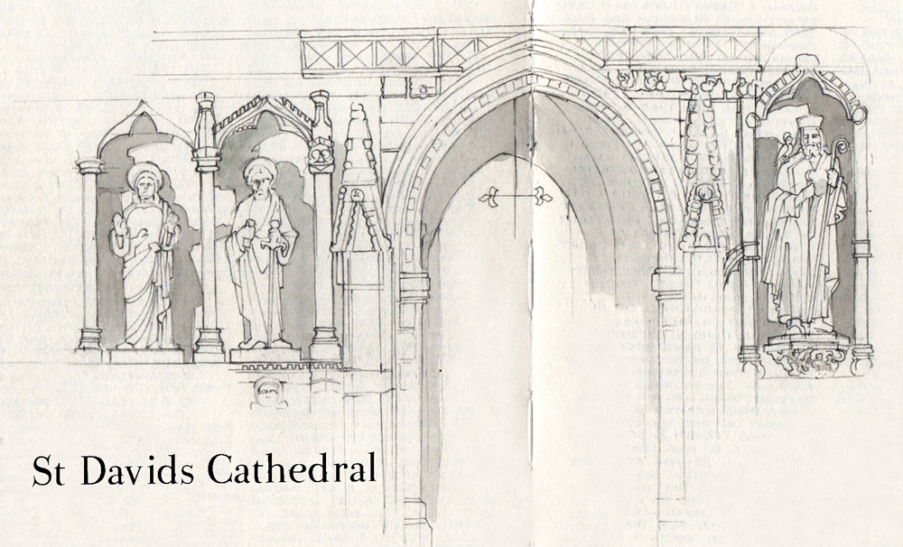 Thursday June 14th (2018) Sketchbook drawing inside St.Davids Cathedral width=