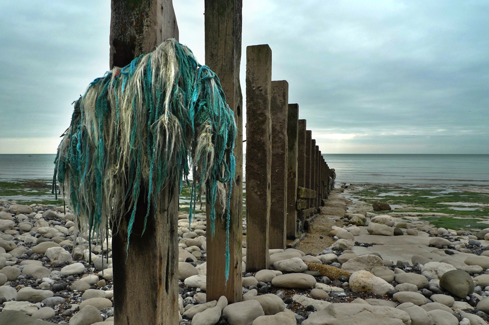 Monday April 6th (2020) Remains of an old groyne and fishing tackle. width=